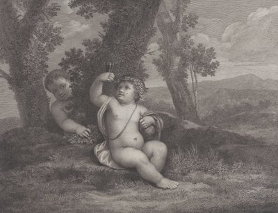 Der kleine Bacchus sitzt unter einem Baum und hält ein Weinglas hoch, mit einem weiteren Kind dahinter, 1780 von Raphael Morghen