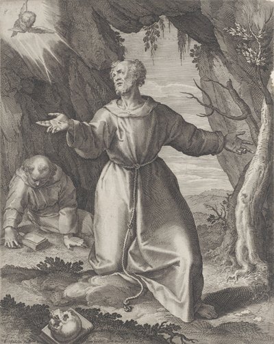 Der heilige Franziskus kniet mit ausgestreckten Armen und blickt auf einen Cherub oben links, 1599 von Raphael Sadeler