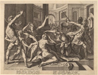 Delilah schneidet Samson das Haar von Raphael Sadeler I after Joos van Winghe