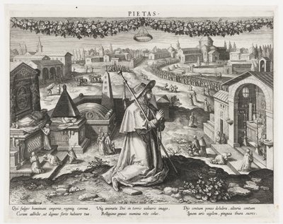 Pietas als Personifikation der Frömmigkeit (Belangrijkste bezigheden van een prins) (Schema, seu speculum principum) von Raphaël Sadeler (I)