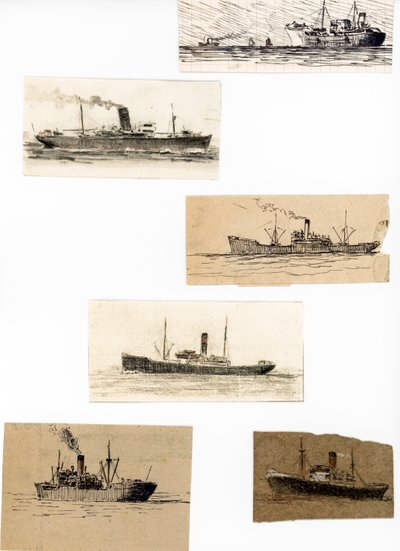 Skizzen von verschiedenen Frachtschiffen der Handelsmarine von Raymond Bonnefon