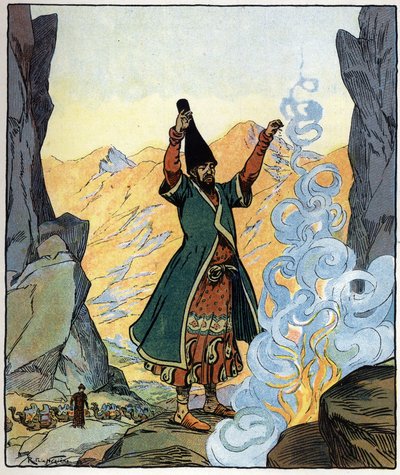 Der Derwisch-Mönch entzündet Feuer und besprengt es: Illustration für die Geschichte 