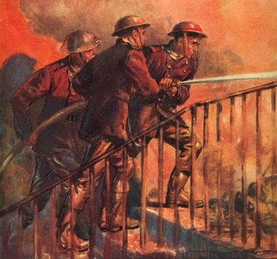 Britische Feuerwehrmänner des National Fire Service im Krieg, die während des Blitzes ein Feuer bekämpfen, Zweiter Weltkrieg von Reginald Mills