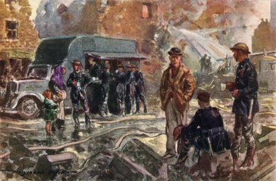 Feuerwehrleute des britischen National Fire Service im Krieg nutzen eine mobile Kantine während des Blitzes, Zweiter Weltkrieg von Reginald Mills