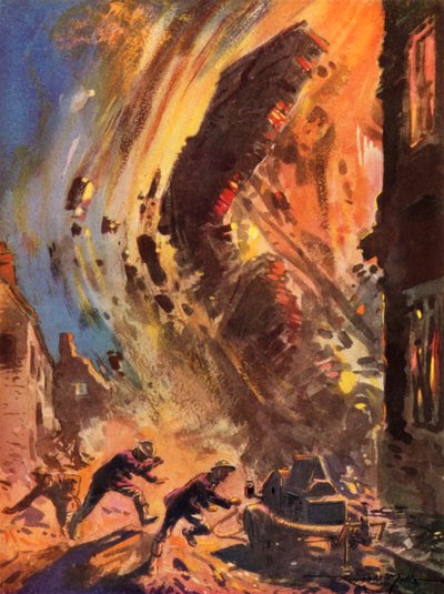 Feuerwehrleute des britischen National Fire Service im Zweiten Weltkrieg rennen vor einem einstürzenden Gebäude während des Blitzes von Reginald Mills
