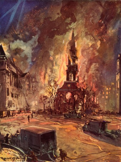 St Clement Danes Kirche, Strand, London, brennend während des Blitzes, Zweiter Weltkrieg von Reginald Mills