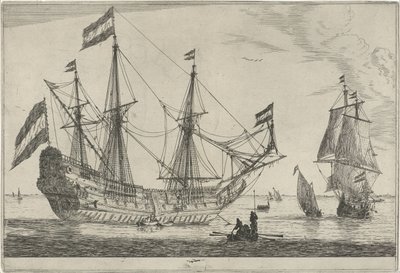 Großes Segelschiff und ein Ruderboot von Reinier Nooms