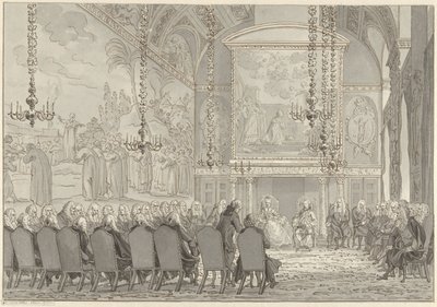 Empfang von Prinz Wilhelm V und Wilhelmina von Preußen im Ratssaal des Rathauses von Amsterdam von Reinier Vinkeles (I)