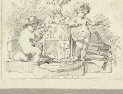 Zwei Putti mit Zirkel und Äskulapstab beim Familienwappen von Schoemaker von Reinier Vinkeles (I)