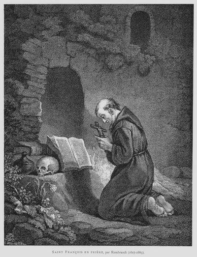 St. Franziskus von Assisi beim Beten (Lithografie) von Rembrandt Harmensz. van Rijn (after)