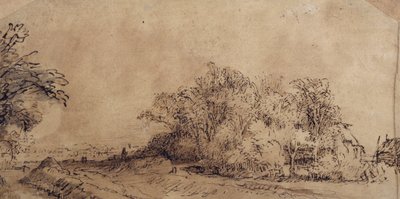 Ein holpriger Weg entlang des Deichs mit Bäumen, die ein Bauernhaus verbergen (Feder & Tinte mit Waschung auf Papier) von Rembrandt Harmensz. van Rijn