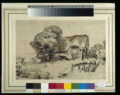 Ein strohgedecktes Häuschen bei einem großen Baum, eine Figur sitzt draußen, ca. 1648-52 (Feder & Tinte auf Papier) von Rembrandt Harmensz. van Rijn