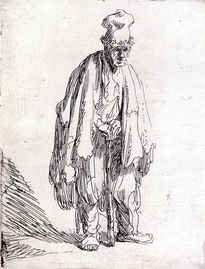 Bettler mit hoher Mütze stehend von Rembrandt Harmensz. van Rijn