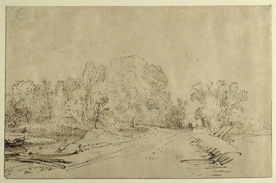 Kanal mit Booten, ein Deichweg und Bäume (Rohrfeder & Tinte mit Waschung auf Papier) von Rembrandt Harmensz. van Rijn