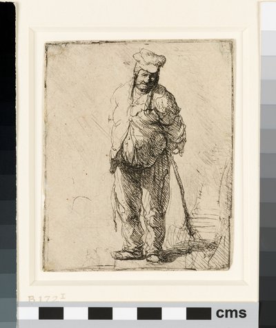 Zerlumpter Bauer mit hinter dem Rücken verschränkten Händen, der einen Stock hält, ca. 1630 von Rembrandt van Rijn