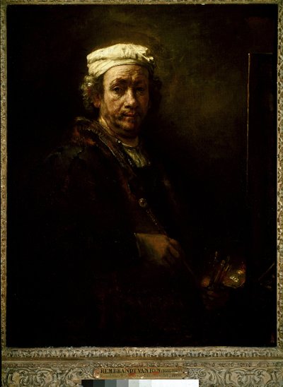 Selbstporträt am Staffelei (Öl auf Leinwand) von Rembrandt van Rijn