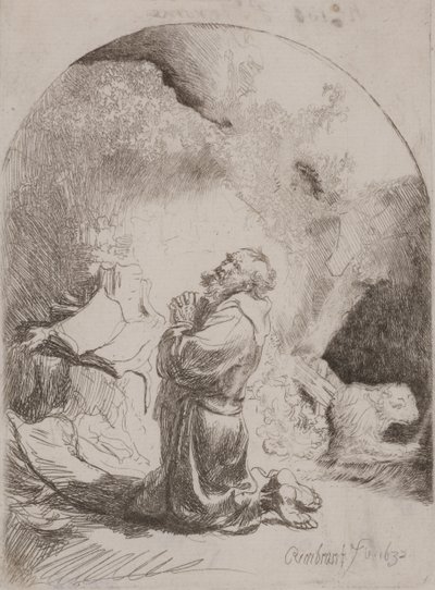 St. Hieronymus betet: Gewölbter Druck von Rembrandt van Rijn
