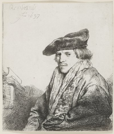 Junger Mann mit Samtmütze und Büchern neben sich von Rembrandt van Rijn