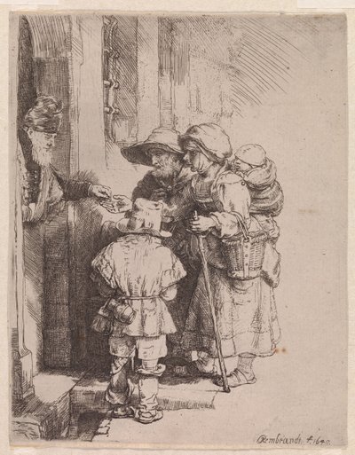 Eine Bettlerfamilie erhält Almosen von Rembrandt van Rijn