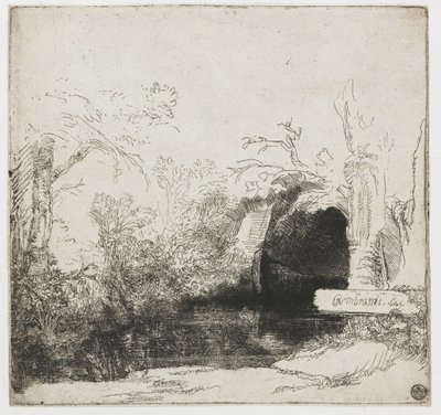 Ein Bach mit einer Grotte und einem Boot von Rembrandt van Rijn