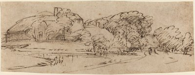 Landschaft mit Bauernhäusern zwischen Bäumen von Rembrandt van Rijn