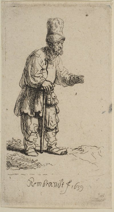 Ein Bauer mit hoher Mütze, der auf einem Stock lehnt, 1639 von Rembrandt van Rijn