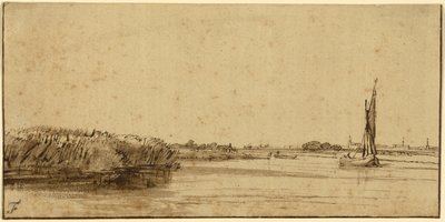 Ein Segelboot auf einer weiten Wasserfläche, c.1650 von Rembrandt van Rijn