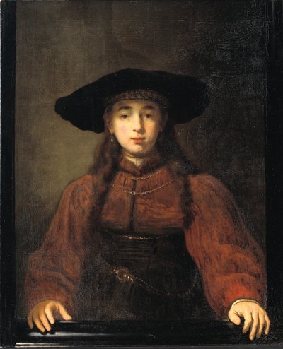 Eine junge Frau, die ihre Hände auf den Bilderrahmen legt von Rembrandt van Rijn