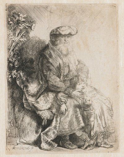 Abraham streichelt Isaak, Jakob streichelt Benjamin von Rembrandt van Rijn