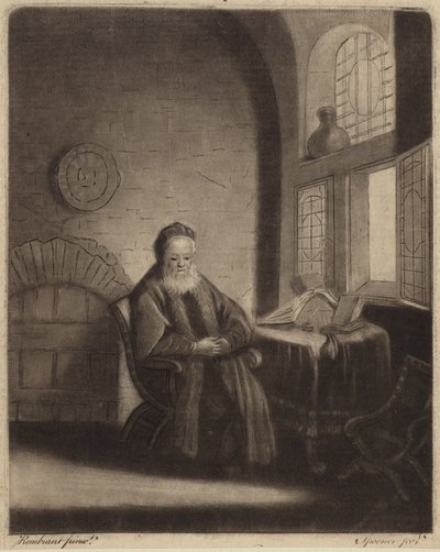Ein älterer bärtiger Philosoph sitzt an einem Schreibtisch vor einem Fenster von Rembrandt van Rijn
