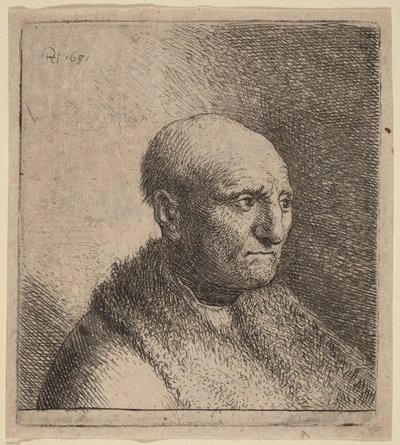 Glatzköpfiger Mann in einem Pelzmantel von Rembrandt van Rijn