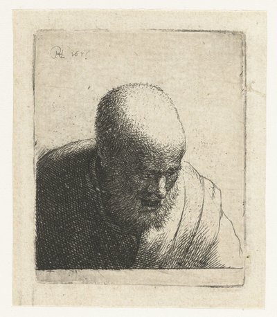 Glatzköpfiger Mann mit offenem Mund, der nach unten schaut: Büste von Rembrandt van Rijn