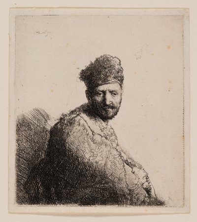 Bärtiger Mann in orientalischer Pelzmütze und Robe von Rembrandt van Rijn