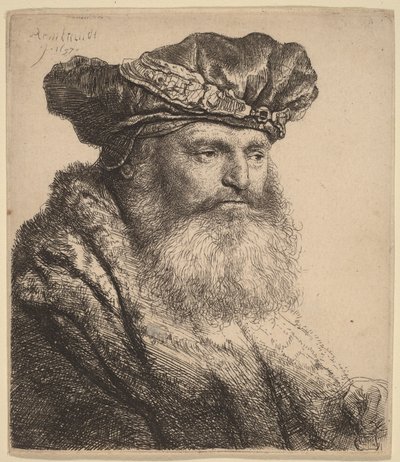 Bärtiger Mann in einer Samtkappe mit Juwelenverschluss von Rembrandt van Rijn