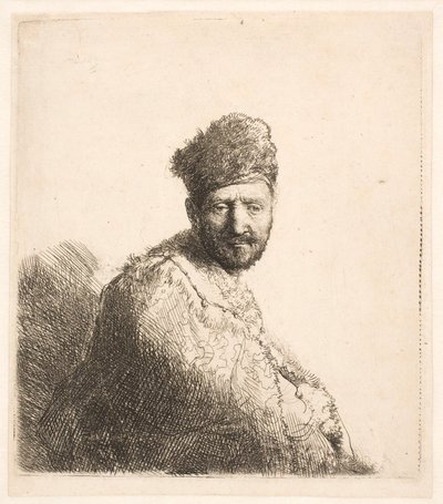 Bärtiger Mann (Rembrandts Vater?) in pelzbesetzter orientalischer Mütze und Robe: Halbfigur von Rembrandt van Rijn