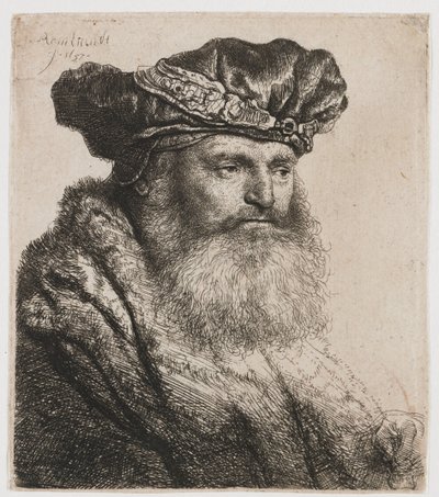 Bärtiger Mann mit Samtkappe und Juwelenverschluss von Rembrandt van Rijn