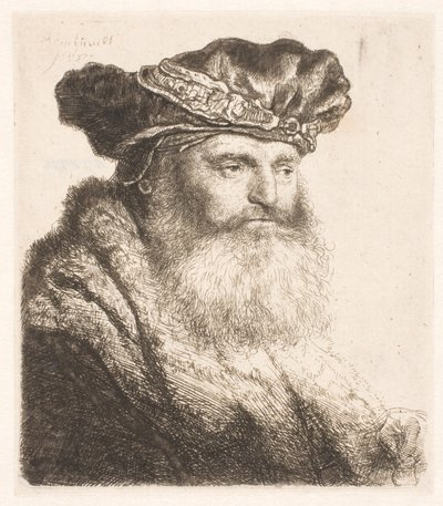 Bärtiger Mann mit Samtkappe und Juwelenverschluss von Rembrandt van Rijn