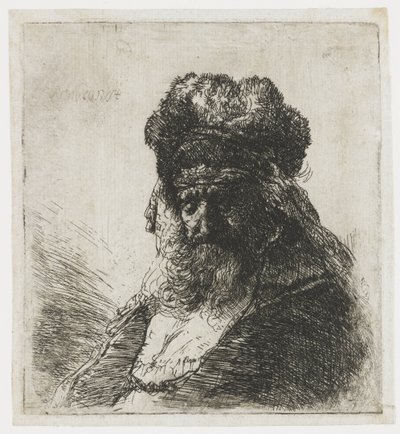 Bärtiger alter Mann mit geschlossenen Augen und hoher Pelzmütze von Rembrandt van Rijn