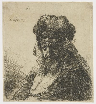 Bärtiger alter Mann mit hoher Pelzmütze und geschlossenen Augen von Rembrandt van Rijn