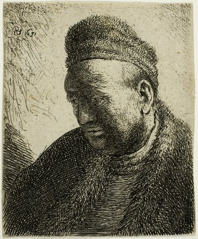 Bartloser Mann in einem Pelzmantel und einer Mütze: Büste von Rembrandt van Rijn
