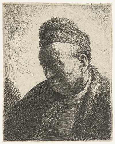 Bartloser Mann in einem Pelzmantel und einer Mütze: Büste von Rembrandt van Rijn