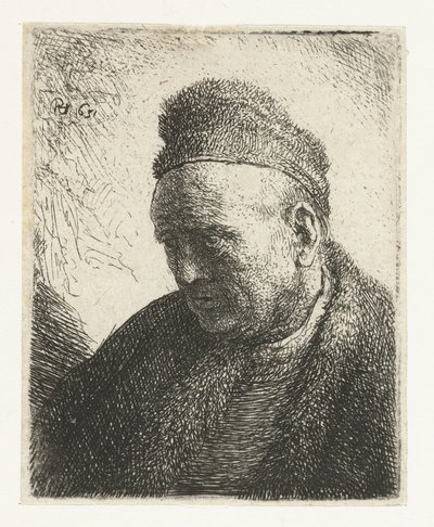 Bartloser Mann in einem Pelzmantel und einer Mütze: Büste von Rembrandt van Rijn