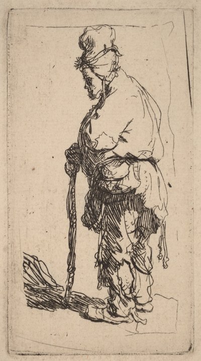 Bettler lehnt auf einen Stock, nach links gewandt von Rembrandt van Rijn