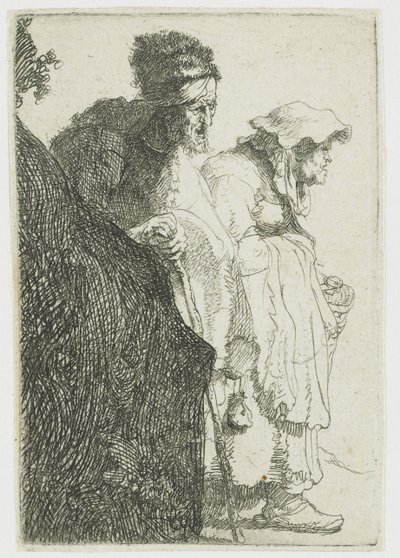 Bettler Mann und Frau hinter einer Bank von Rembrandt van Rijn