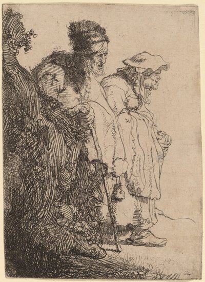 Bettler Mann und Frau hinter einer Bank von Rembrandt van Rijn
