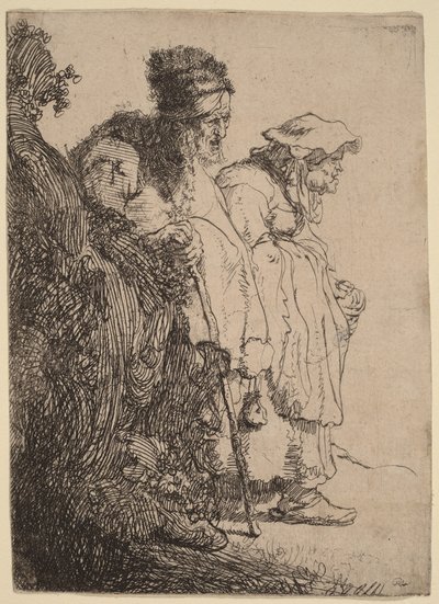 Bettler Mann und Frau hinter einem Damm von Rembrandt van Rijn