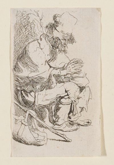Sitzender Bettler, der seine Hände an einem Kohlenbecken wärmt von Rembrandt van Rijn