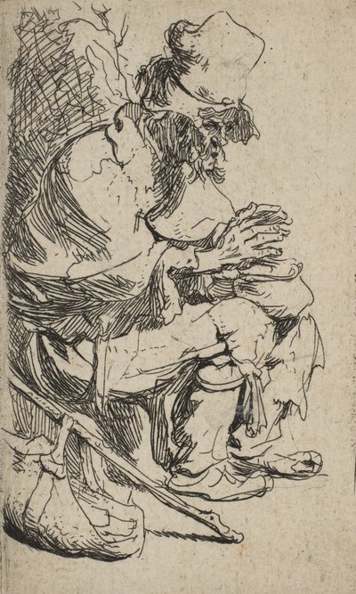 Bettler sitzt und wärmt seine Hände an einer Kohlenpfanne, ca. 1630 von Rembrandt van Rijn