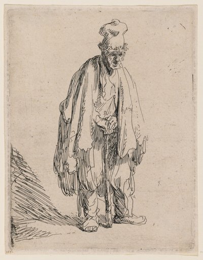 Bettler mit hohem Hut, stehend und auf einen Stock gelehnt von Rembrandt van Rijn