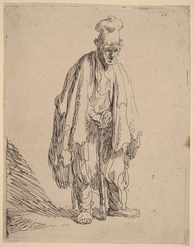 Bettler mit hohem Hut, stehend und auf einen Stock gestützt von Rembrandt van Rijn